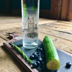 a gin bottle, surrounded by blueberries and cucumbers