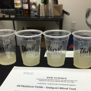 4 cups in a row with the word thirst, next to a paper that reads "bar science'